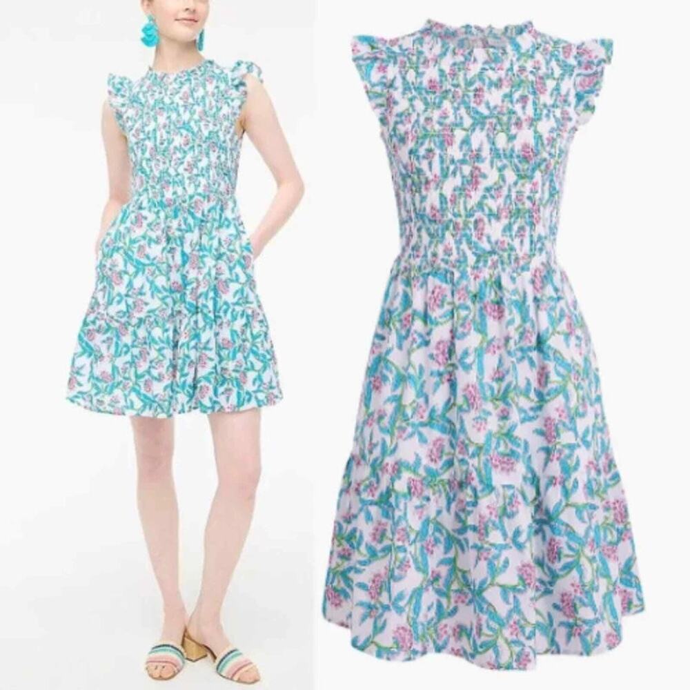 J. Crew Flutter-Sleeve Tiered Mini Sundress White Frosted Aqua Pink Women Medium